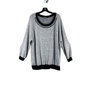 West Kei Women's Black White Knit Tunic Sweater Size XL Rhinestones Pearl Neck